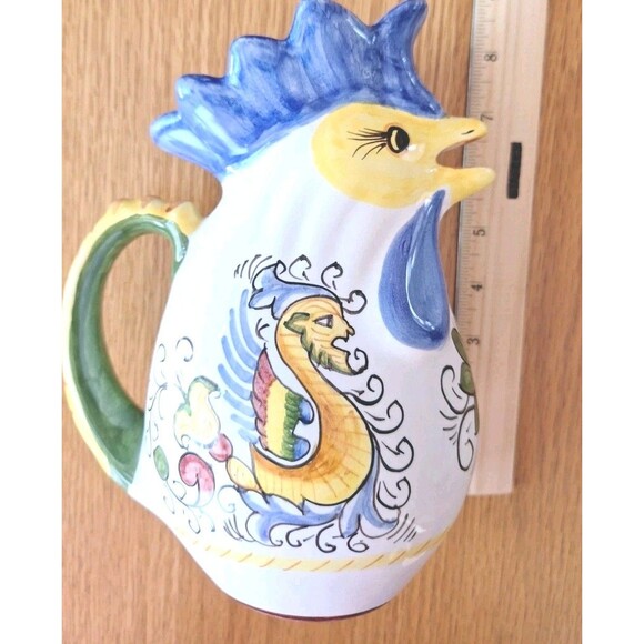 Vtg WILLIAMS SONOMA Ceramic Rooster Pitcher Made n Italy Hand Painted 8ish" Tall - Picture 3 of 10